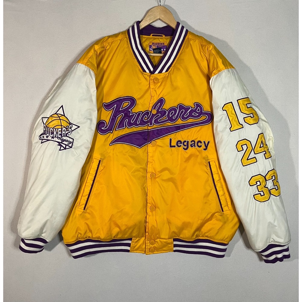 VTG Ruckers Legacy by Raw Blue Yellow Satin Snap Button Bomber Jacket Mens XL